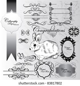 cute bunny and calligraphic design elements in grunge background