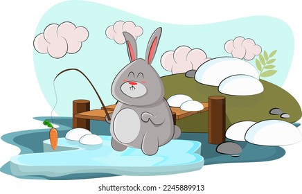 A cute bunny came to the lake and decided to fish for carrots on a winter evening