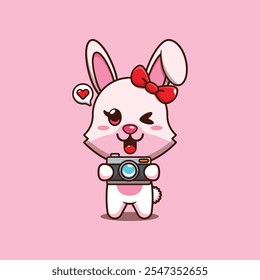 Cute bunny with camera cartoon vector illustration. mascot cartoon character vector illustration. design element suitable for poster, brochure, web, mascot, sticker, logo and icon.