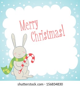 Cute bunny with candy cane Christmas greeting card