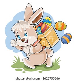 cute bunny carries a wicker box behind him, inside of which there are many Easter eggs painted in different colors,