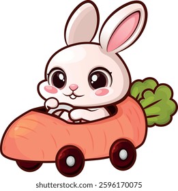 Cute bunny with a carrot car. Easter greeting card concept.
