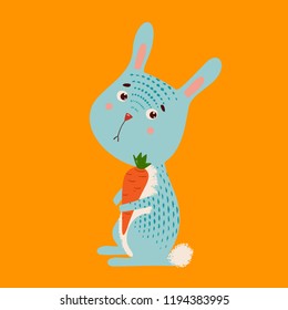 Cute bunny with carrot .Cartoon hand drawn vector illustration. Can be used for baby t-shirt print, fashion print design, kids wear, baby shower.