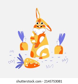 Cute bunny with carrot. Easter vector flat style illustration. Modern color