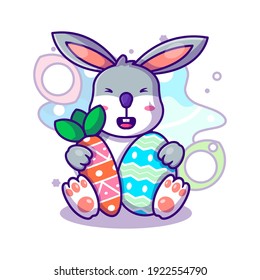 Conejito con zanahoria y huevo a pascua Icono vector Ilustración en estilo de caricatura plana para páginas de aterrizaje web con banner o adhesivo y fondo
