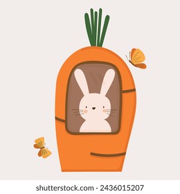 Cute Bunny in Carrot House with Butterflies - Adorable Hand-drawn Vector Illustration for Spring and Easter Decor, Invitations, Greeting Cards, and Children's Art