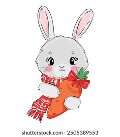 Cute Bunny and carrot New Years christmas background. Kids print vector illustration