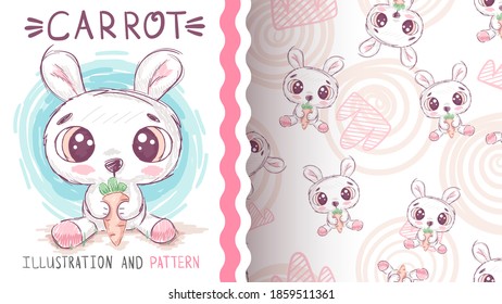 Cute bunny with carrot - seamless pattern