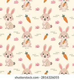 Cute Bunny Carrot Seamless Pattern, Kawaii Rabbit Animal Cartoon Background with Spring Easter Illustration, Minimalist Muted Pastel Earth Tones Nursery Kids Repeatable Surface Wallpaper