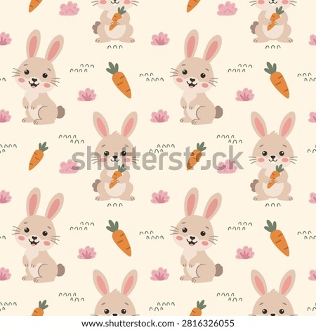 Cute Bunny Carrot Seamless Pattern, Kawaii Rabbit Animal Cartoon Background with Spring Easter Illustration, Minimalist Muted Pastel Earth Tones Nursery Kids Repeatable Surface Wallpaper