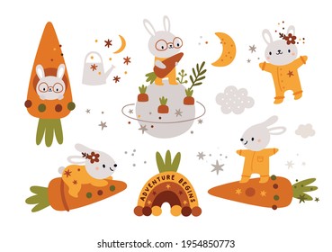 Cute  bunny with carrot. Space animal. Rabbits illustration for kids. Baby animals clipart. Cartoon vector illustration for kids. Ideal for cards, poster, prints, anniversary, nursery clothing