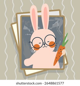 Cute bunny with carrot, wearing big glasses. Rabbit portrait in modern scandinavian style, greeting card design, card. Holiday concept vector illustration.