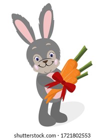 Cute Bunny with carrots and a bow isolated on white background