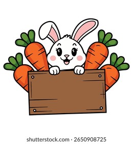 Cute Bunny with Carrots and Wooden Sign Vector Illustration