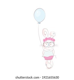 Cute bunny is carrying a balloon. Vector illustration isolated on white