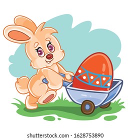 cute bunny carrying a big Easter egg painted in different colors in a trolley,