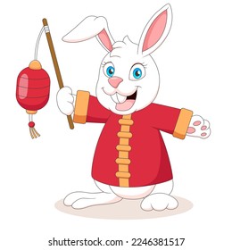 Cute bunny cartoon carrying a lantern. Vector illustration