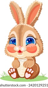 Personaje de caricatura de conejito lindo para las vacaciones de Pascua. Conejo color beige con sentada blanca y sonriente Vector