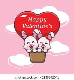 cute bunny cartoon character fly with air balloon in valentines day