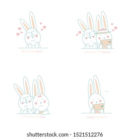 Cute bunny cartoon character with quote gesture collection on white background