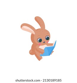 Cute bunny cartoon character reading book, flat cartoon vector illustration isolated on white background. Funny bunny character for school and kids education theme.