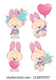 Cute bunny cartoon character, set of four poses. Funny rabbit. 