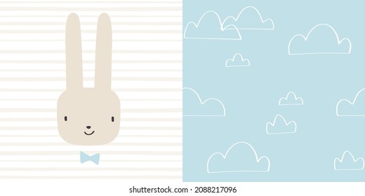 Imagen vectorial del personaje de la caricatura de conejito y juego de patrones sin fisuras para ropa de recién nacido, tela para bebés o estampado textil de ropa de cama en tonos azules, blancos y beige caqui.