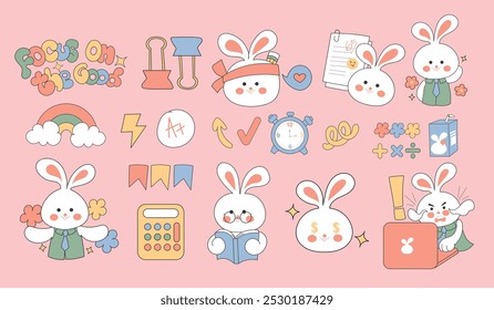 Cute Bunny Cartoon Illustrations - School and Office Themes, Hand-drawn bunny characters in school or office-related themes. Perfect for stationery, planners, children's books, and education