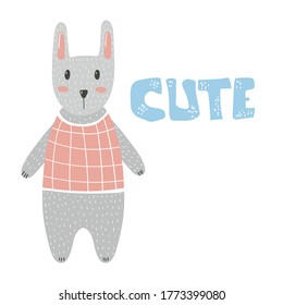 Cute bunny. Cartoon kid animal nursery or baby shower print, vector hand drawn illustration