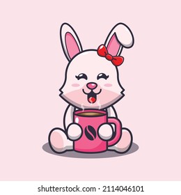 Cute bunny cartoon mascot illustration with hot coffee