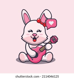 Cute bunny cartoon mascot illustration playing guitar