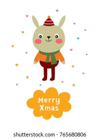 cute bunny cartoon merry christmas greeting card vector