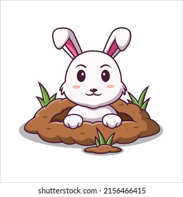 Cute bunny cartoon out from bunny hole, Cartoon rabbit in summer holiday, vector cartoon illustration