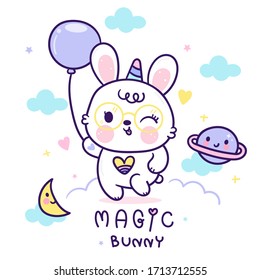 Cute bunny cartoon, rabbit vector with unicorn horn on sky (Kawaii animal): Series Girly doodles sweet pet zoo, illustration of little pastel magic love Children Nursery decoration,hand drawn.Perfect.