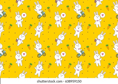 Cute bunny cartoon seamless pattern vector yellow background