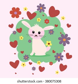 Cute bunny in cartoon style. Funny rabbit on a background of hearts and flowers. 
Design for greeting card for Easter, Happy Birthday, Valentine's Day