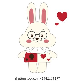 Cute bunny in cartoon style, with glasses and cards symbol, fairy bunny in a hurry, symmetry, vector, Alice