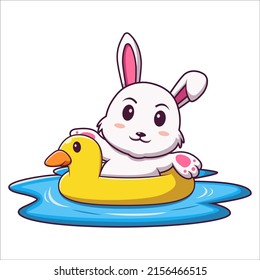 Cute bunny cartoon using duck inflatable ring, Cartoon rabbit in summer holiday, vector cartoon illustration