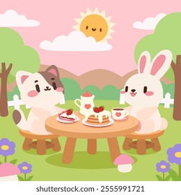 Cute bunny and cat enjoying a pancake picnic in a sunny spring park. Adorable rabbit and cat tea party with strawberry desserts outdoors.