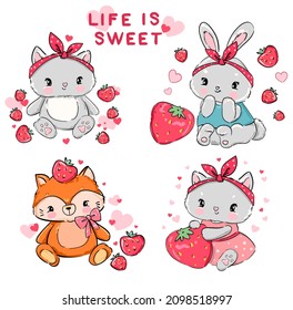 Cute Bunny, Cat and Fox with strawberries Set Child Design Vector Illustration Woodland Kids print