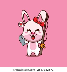 Cute bunny catching fish with fishing rod cartoon vector illustration. mascot cartoon character vector illustration. design element suitable for poster, brochure, web, mascot, sticker, logo and icon.