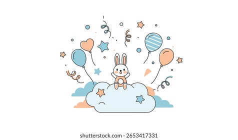 Cute bunny celebrating with balloons and confetti in the sky surrounded by soft clouds and stars creating a festive whimsical atmosphere for a joyful event
