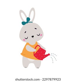 Cute Bunny Character with Bow and Dress Holding Watering Can Vector Illustration