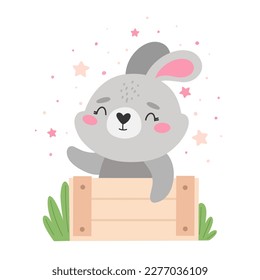 Cute bunny character in a box, kids print, happy bunny. Vector illustration.