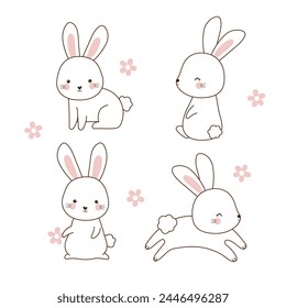 Cute bunny character collection. Several rabbits in various poses clipart. Hand drawn cartoon vector illustration.