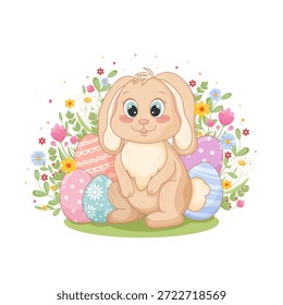Carácter lindo del conejito con los huevos de Pascua decorativos y los Elementos florales. Clipart de primavera de alta calidad para pegatinas, sublimación, decoración de vivero y Diseño gráfico de vacaciones.