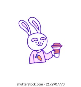 Cute bunny character drink a cup of coffee, illustration for t-shirt, sticker, or apparel merchandise. With doodle, retro, and cartoon style.