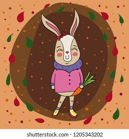 Cute bunny character in the fall in a scarf, against a background of falling leaves .Vector.