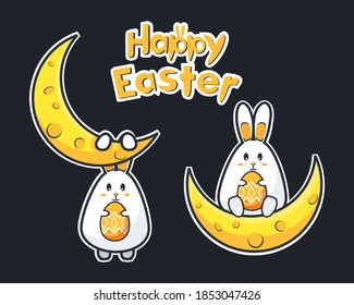 Cute bunny character. Happy easter. moon rabbit brings easter eggs. Illustration vector