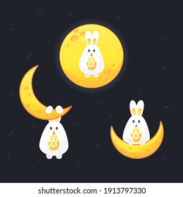 Cute bunny character. Happy easter. Moon rabbit brings easter eggs. Rabbit in space. Illustration vector